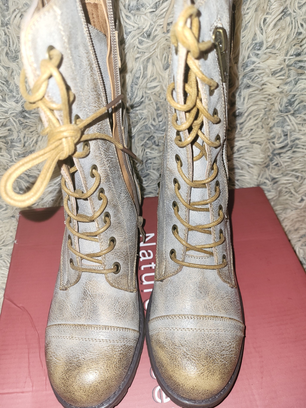 Nature Breeze Two Tone Studded Lace-Up Combat Boots with Tan Laces